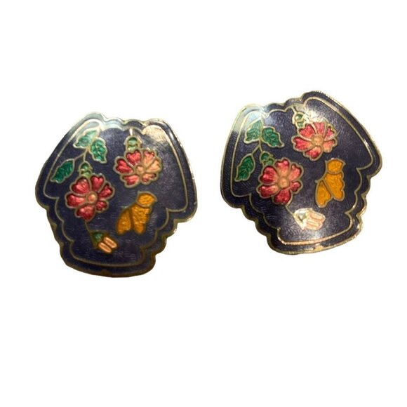 Vintage Floral Cloisonne Earrings Clip On Enamel Blue Pink Flower Butterfly - Picture 2 of 8